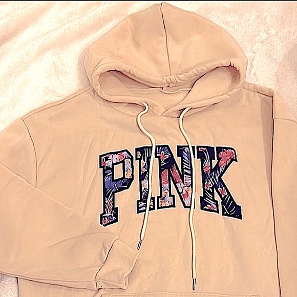 NWT 🌺 KHAKI TAN “PINK” OVERSIZED FLORAL LETTERED HOODED SWEATSHIRT Sz Women’s L - Picture 2 of 7